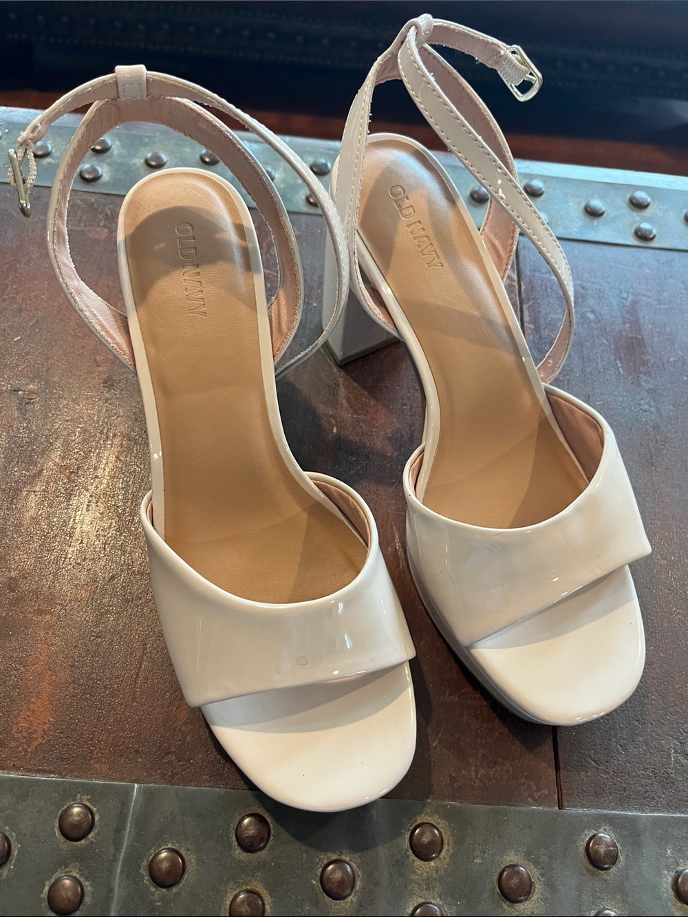 Old Navy Cream Patent Ankle-Strap Block Heel Sandals